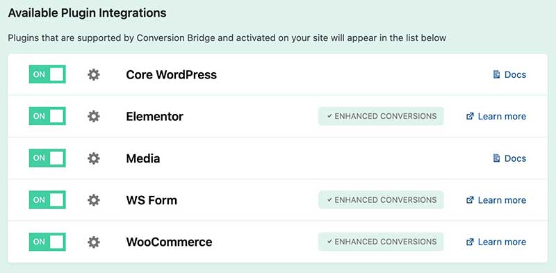 Settings screen showing many plugin integrations