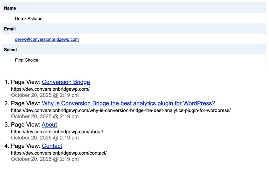 Screenshot of Gravity Forms notification email with conversion journey
