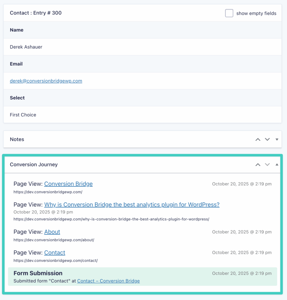 Screenshot of conversion journey for a Gravity Forms submission entry