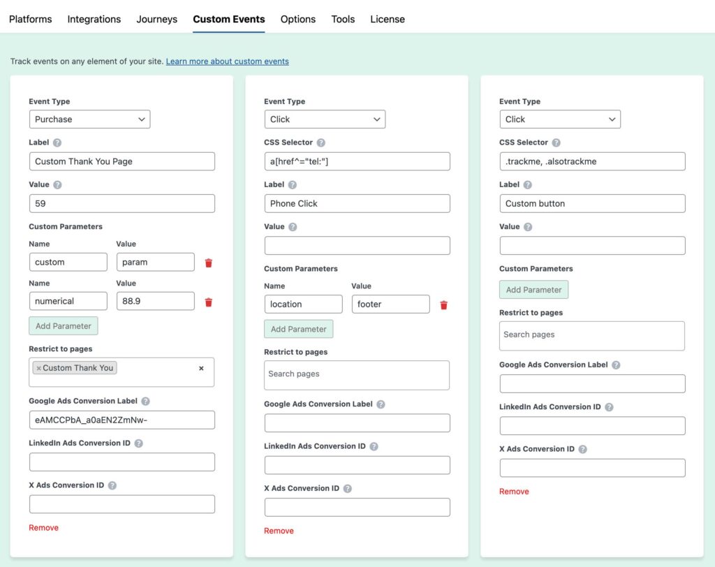 Screenshot of example custom events setup