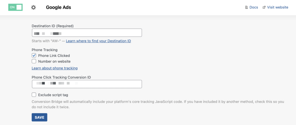 Conversion Bridge settings for configuring Google Ads phone click tracking