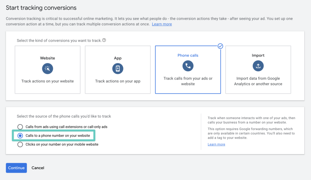 Google Ads phone replacement settings