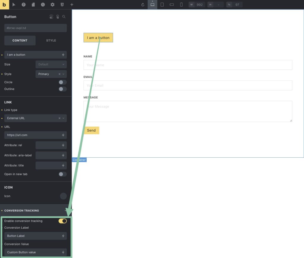 Bricks Builder button conversion tracking setup example