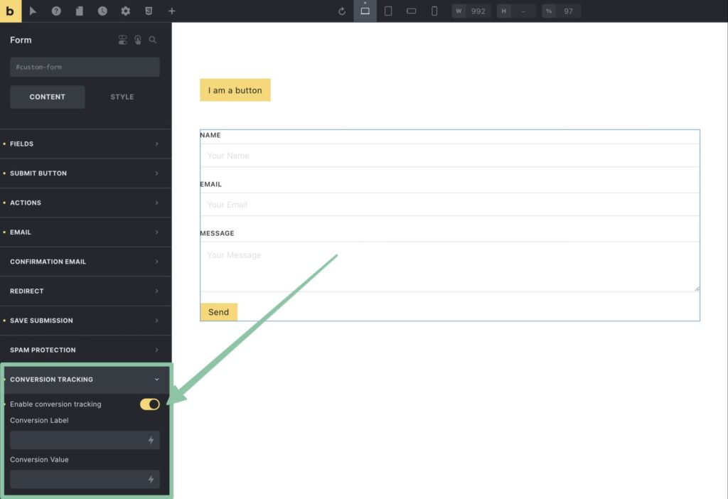 Bricks Builder form conversion tracking setup example