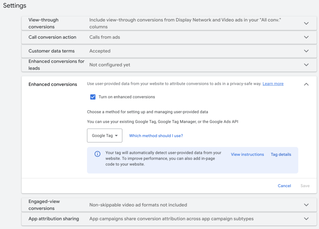 Enable enhanced conversions in Google Ads settings