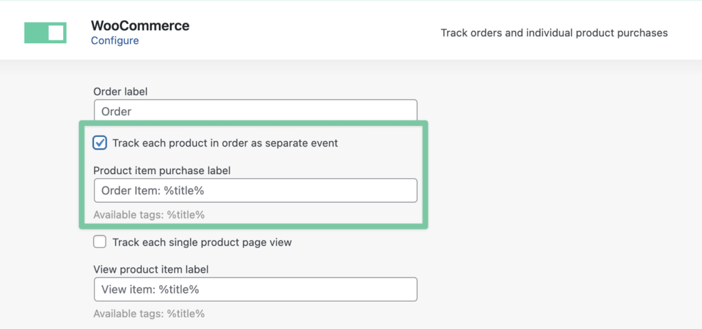 Screenshot of custom conversion label settings for WooCommerce