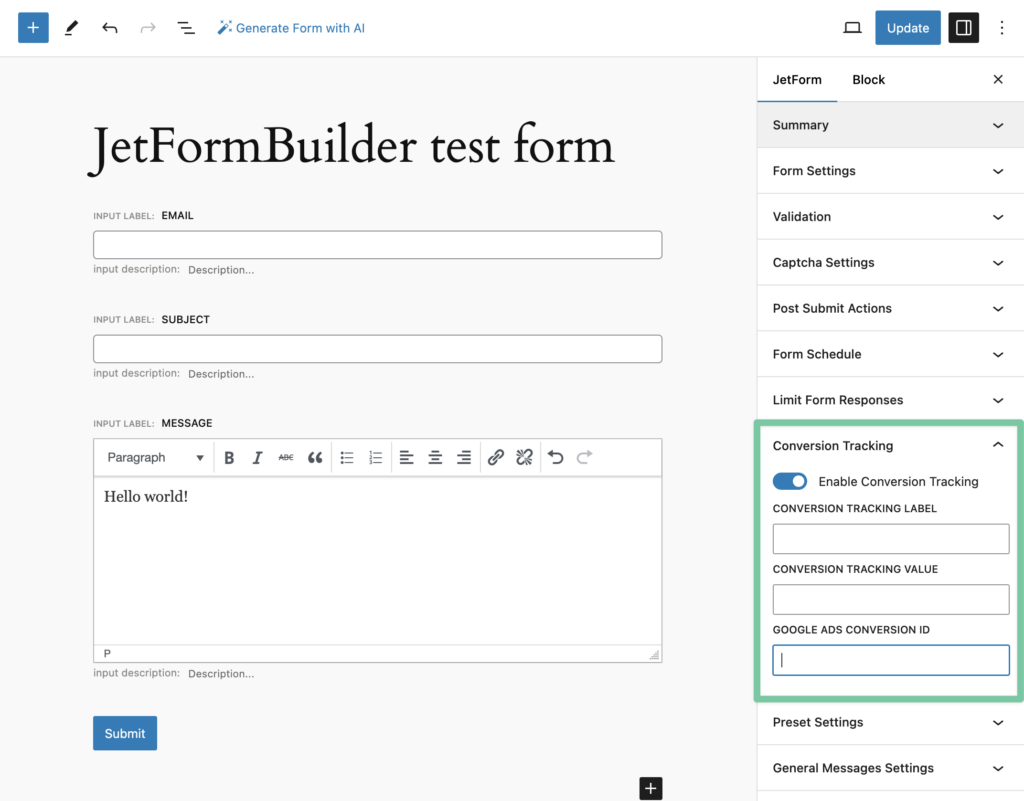 JetFormBuilder conversion tracking setup