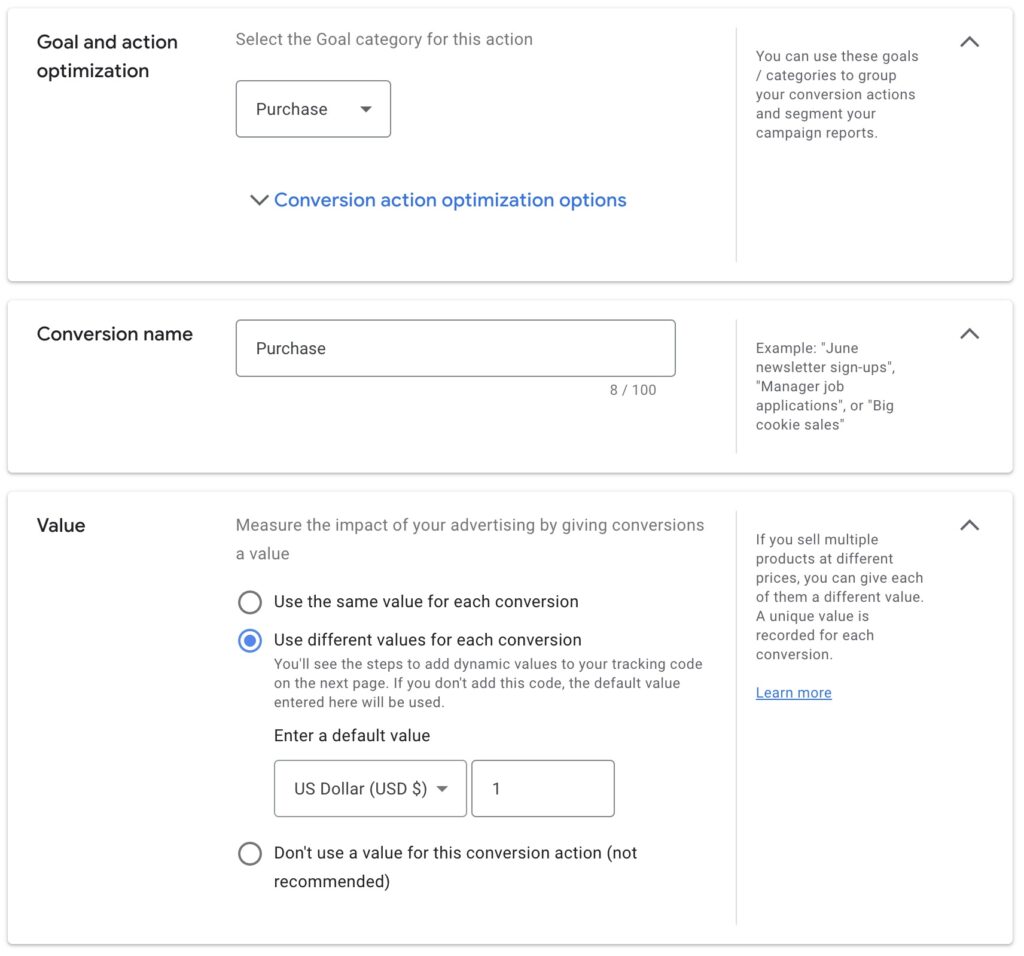 Settings for manually creating a purchase conversion