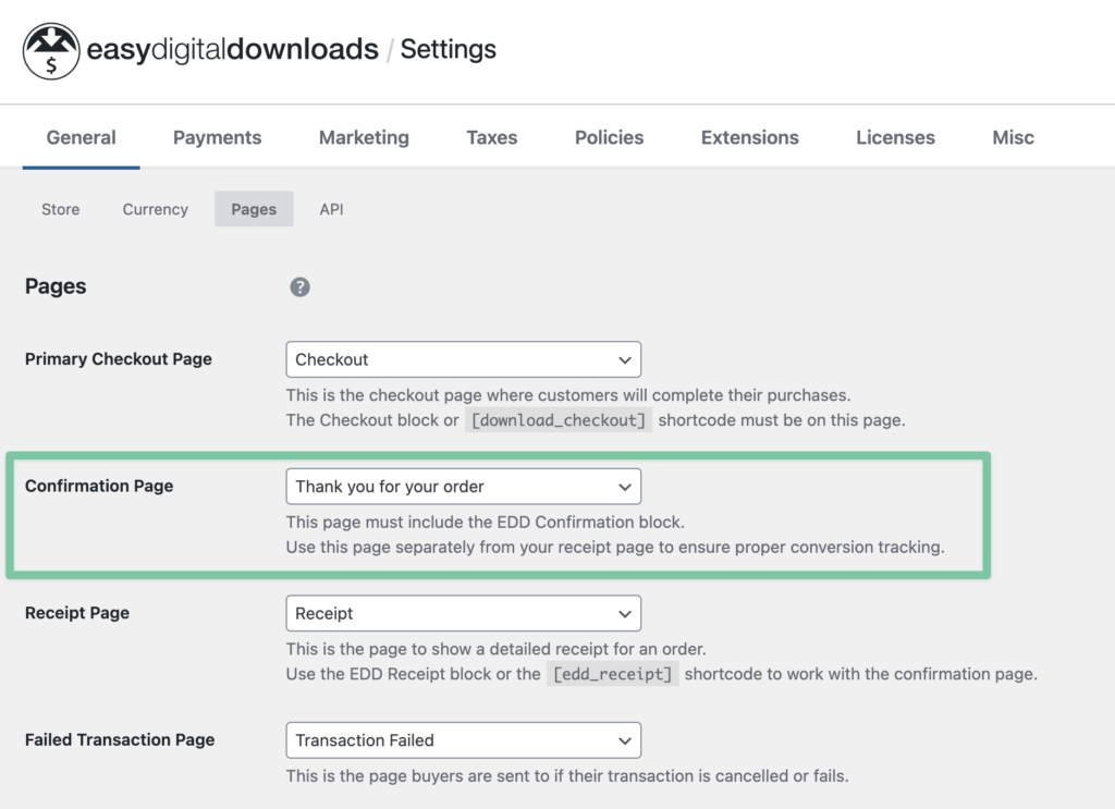 Screenshot highlighting where to set the confirmation page in Easy Digital Downloads