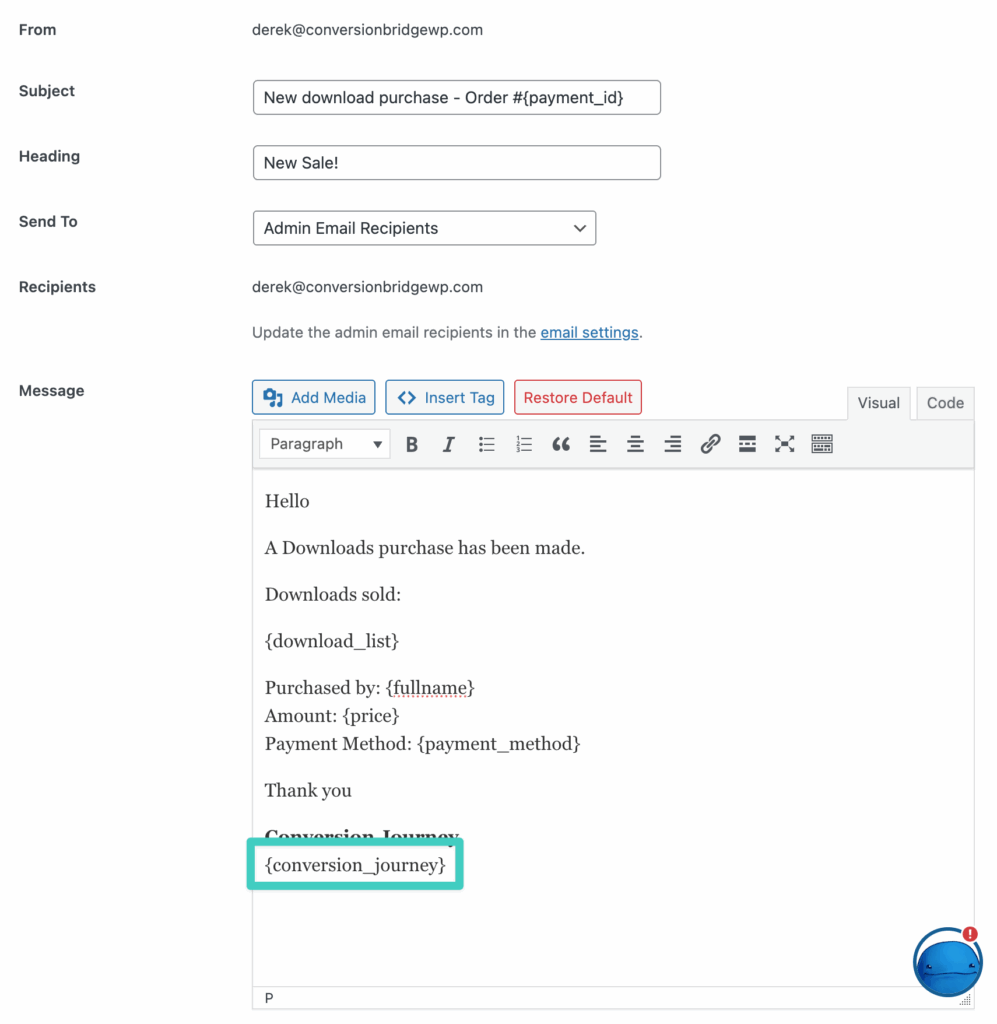 Screenshot of EDD Admin Sale Notification email with conversion journey