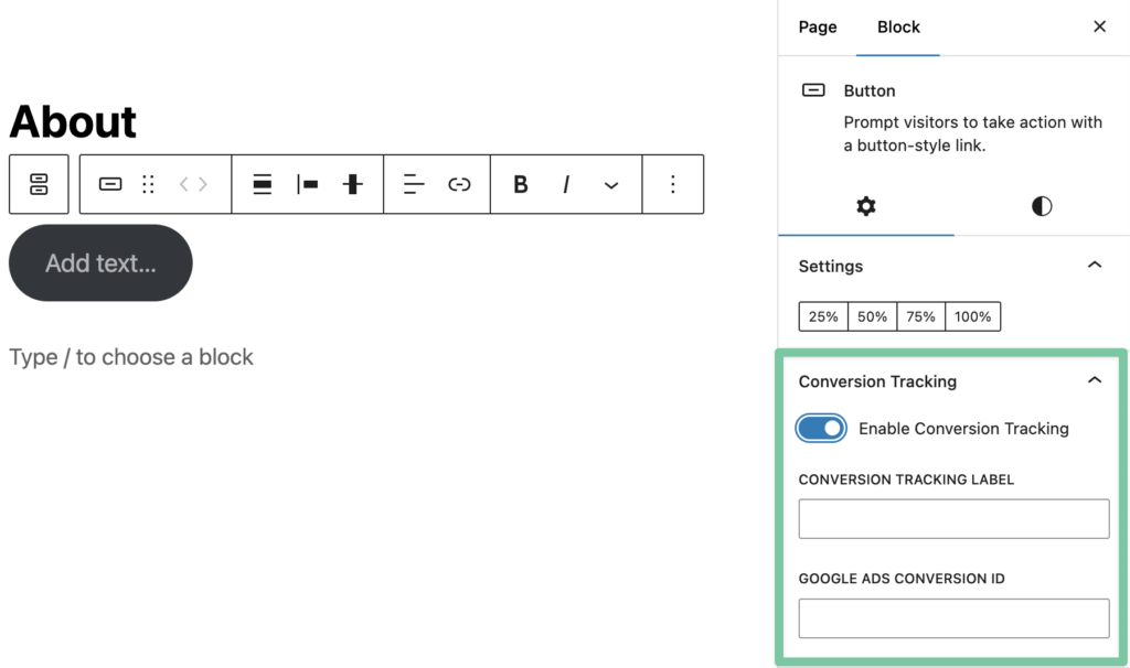 Block button conversion tracking screenshot