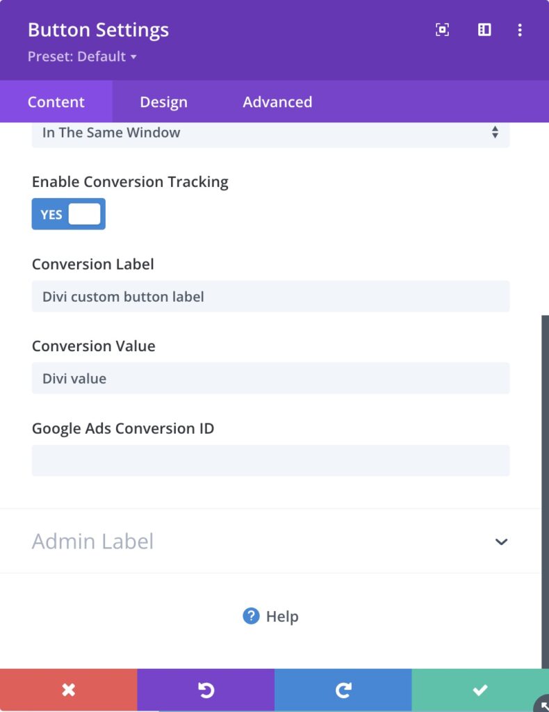 Divi button settings with conversion tracking enabled