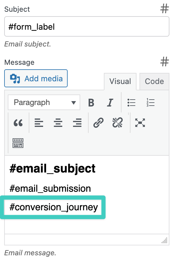 Screenshot of Conversion Journey variable in email notification for WS Form
