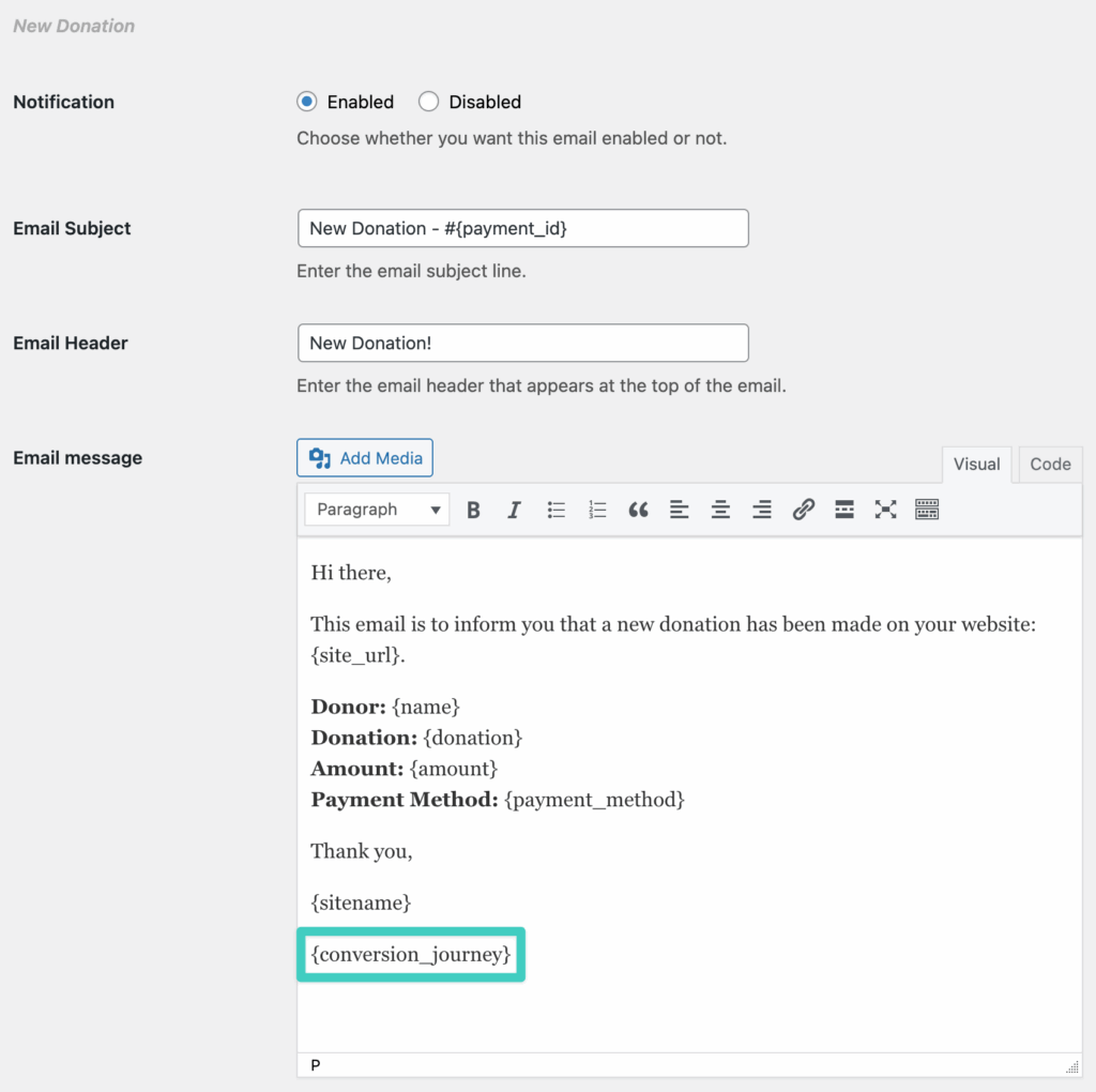 Screenshot of GiveWP admin email with conversion journey included