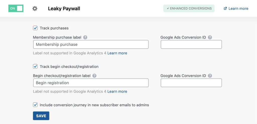 Screenshot of Leaky Paywall Conversion tracking settings