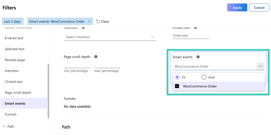Screenshot of Microsoft Clarity Smart Event filters for recordings