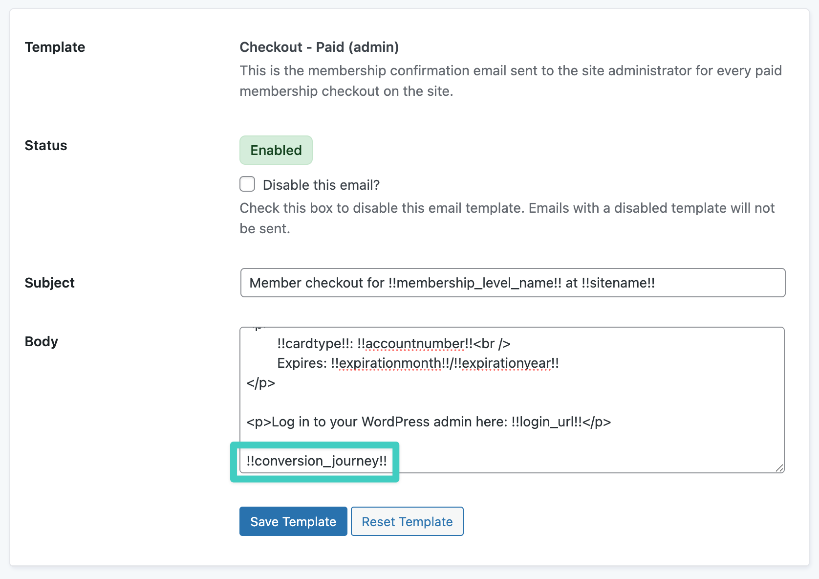 Paid Memberships Pro Conversion Journey in Email settings