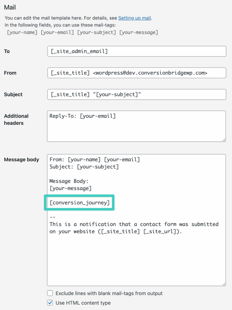 Screenshot of conversion journey in Contact Form 7 message