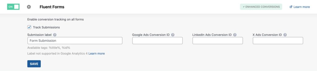 Fluent Forms conversion tracking settings