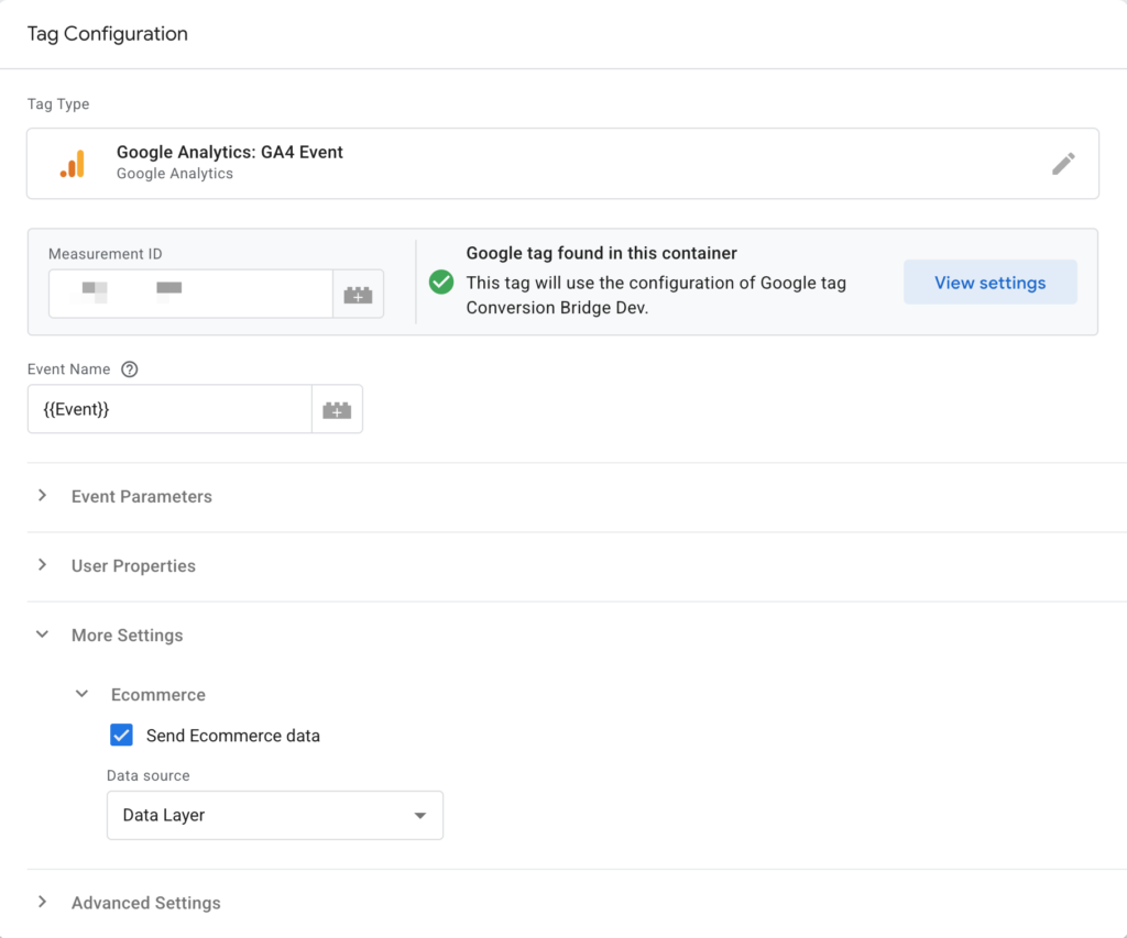 Screenshot showing tag configuration in Google Tag Manager