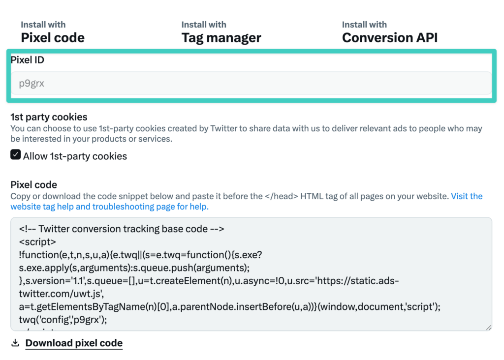 Screenshot of X ads pixel ID