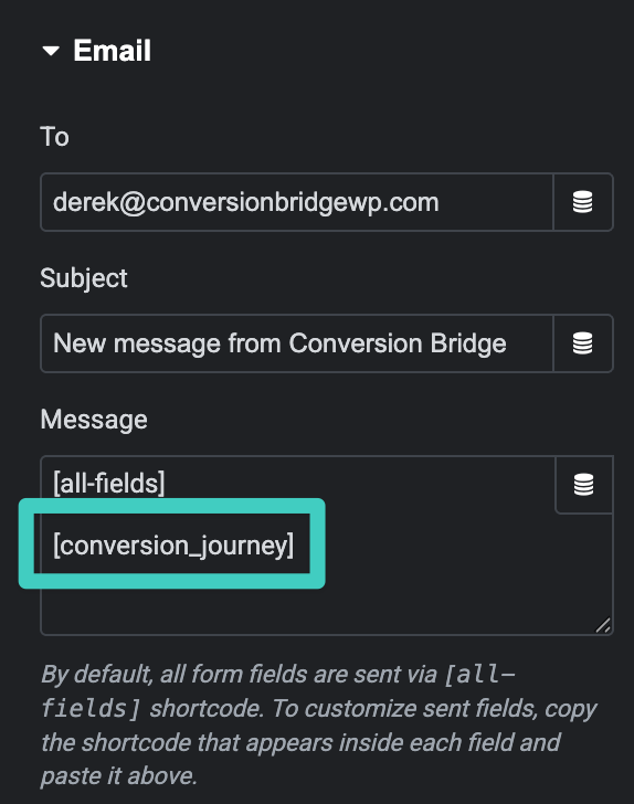 Screenshot of Elementor form with conversion journey enabled