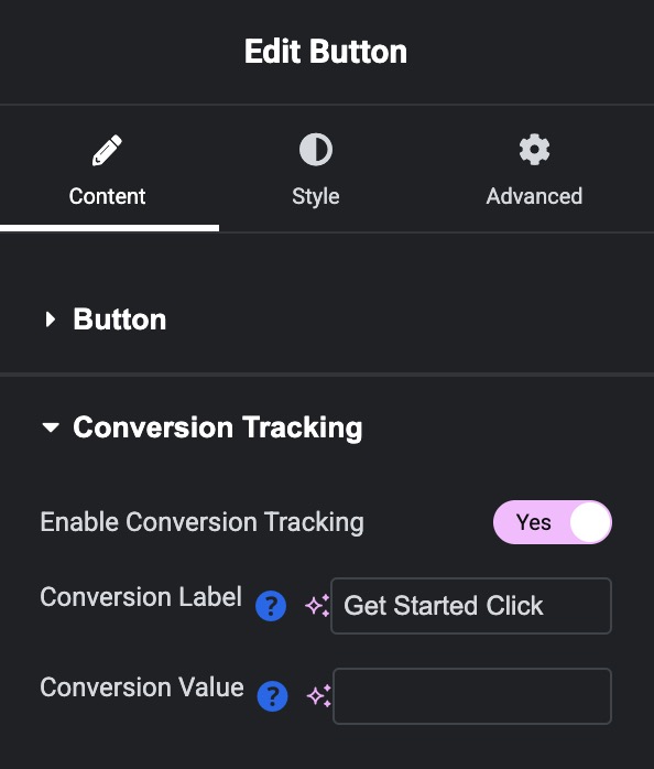 Screenshot of Elementor widget conversion tracking settings