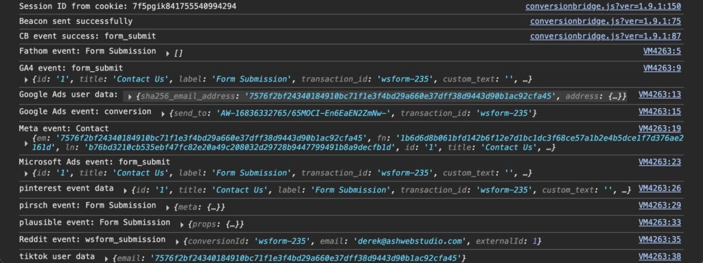 Screenshot of browser console logging conversion events