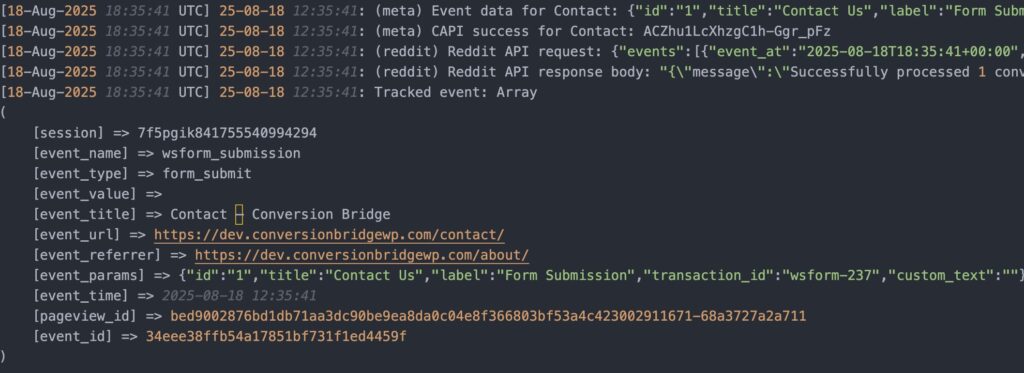 Screenshot of successful server logging