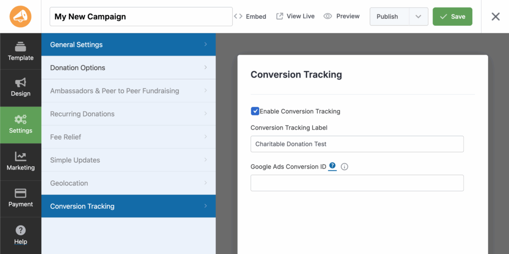 Conversion tracking settings for Charitable forms