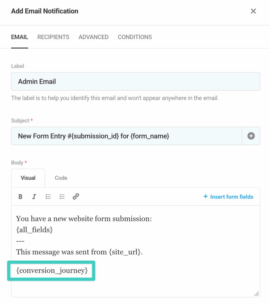 Screenshot of Forminator email with conversion journey included