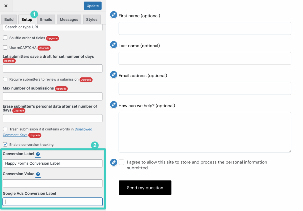 Screenshot of Happyforms conversion tracking setup