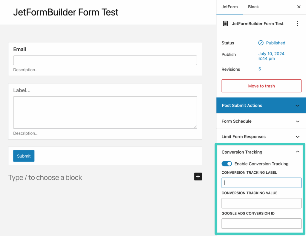 Screenshot of setting up conversion tracking in JetFormBuilder