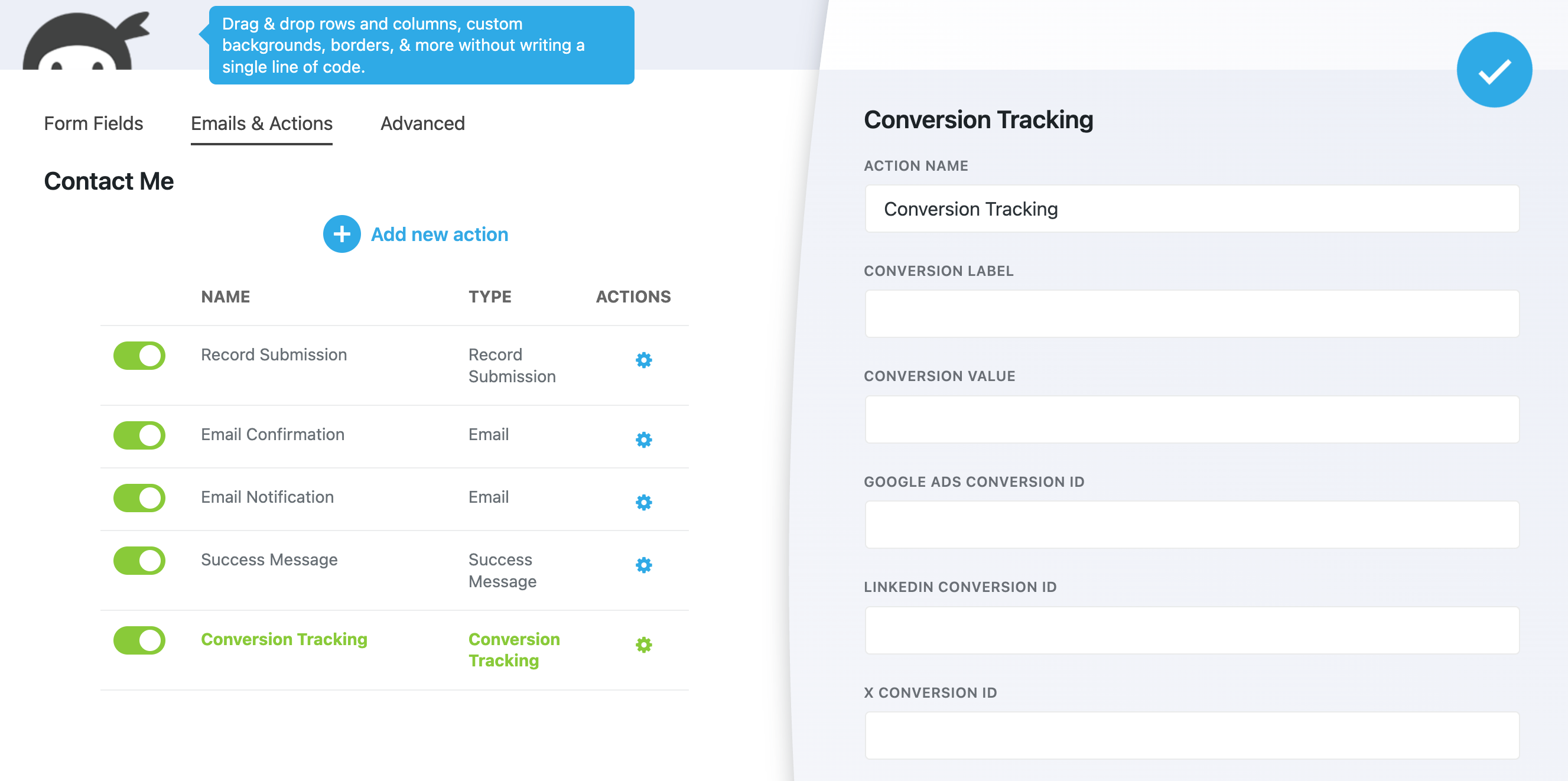 Screenshot of Ninja Forms conversion tracking action