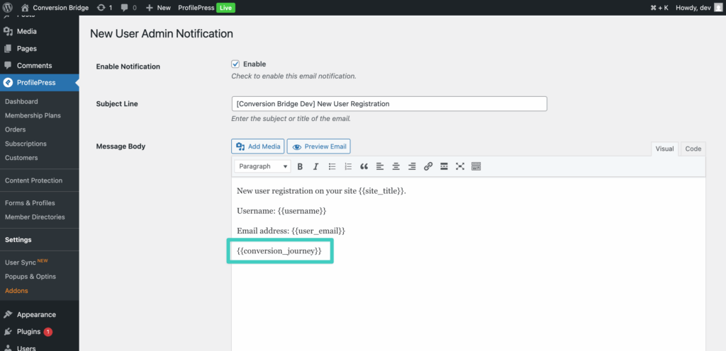Screenshot of conversion journey template tag in admin notification email