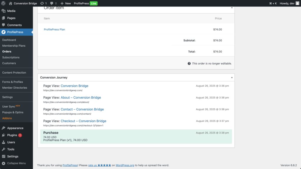 Screenshot of conversion journey for ProfilePress order