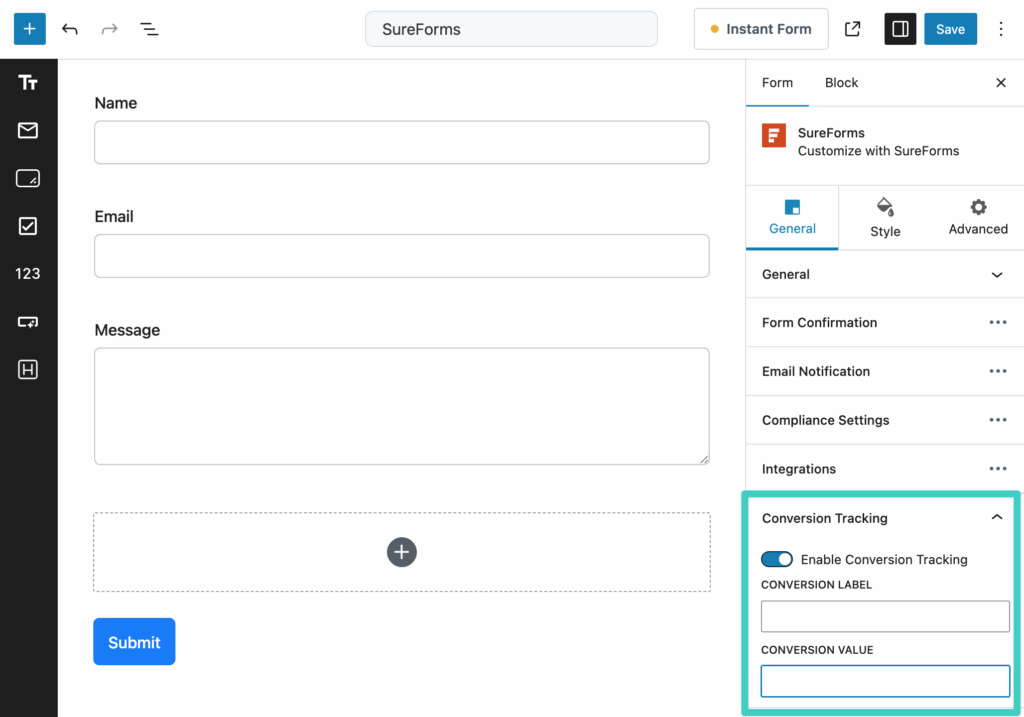 Screenshot of SureForms conversion tracking settings