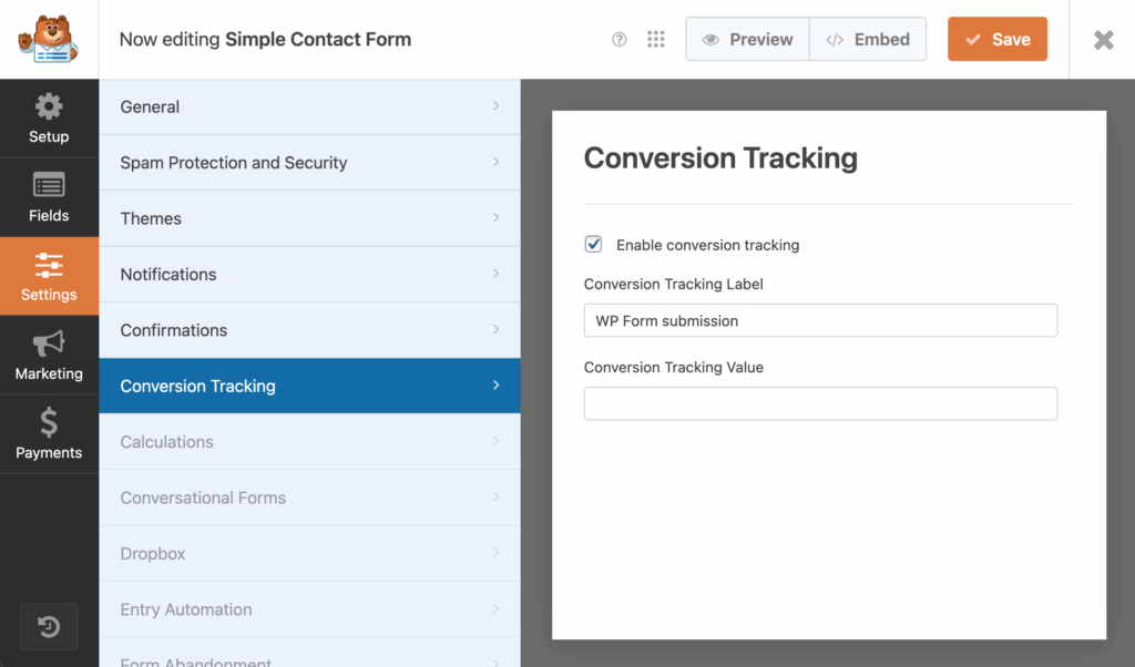 Enabling conversion tracking in WPForms
