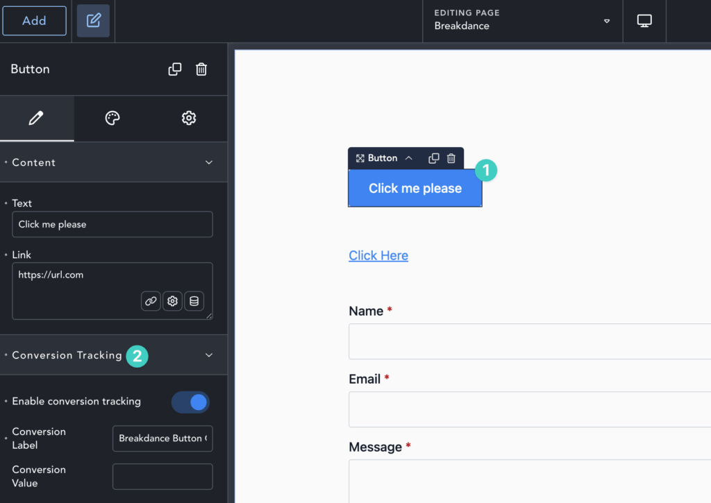 Conversion tracking setup in Breakdance