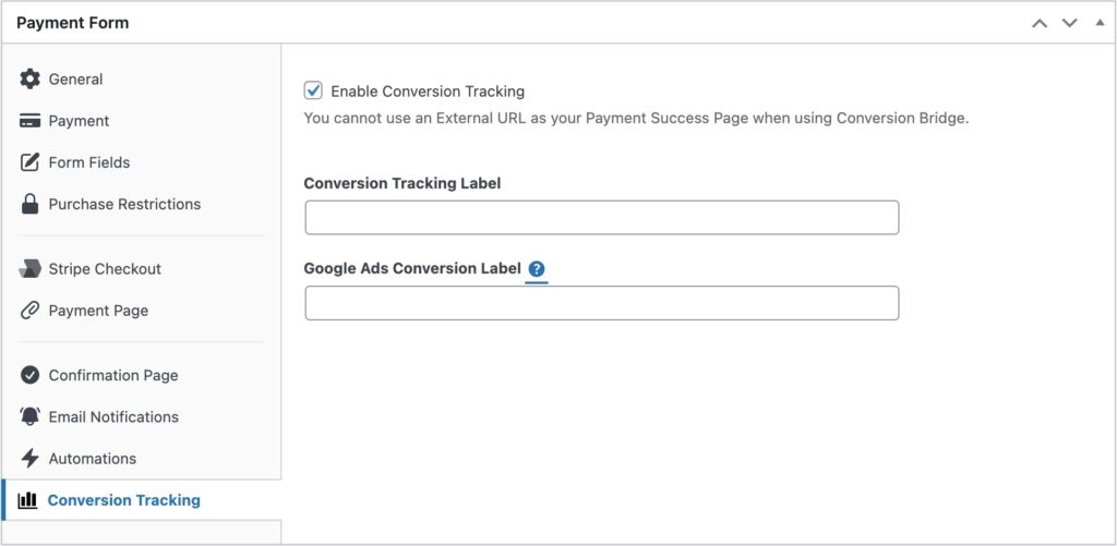 WP Simple Pay conversion tracking setup fields in form edit screen