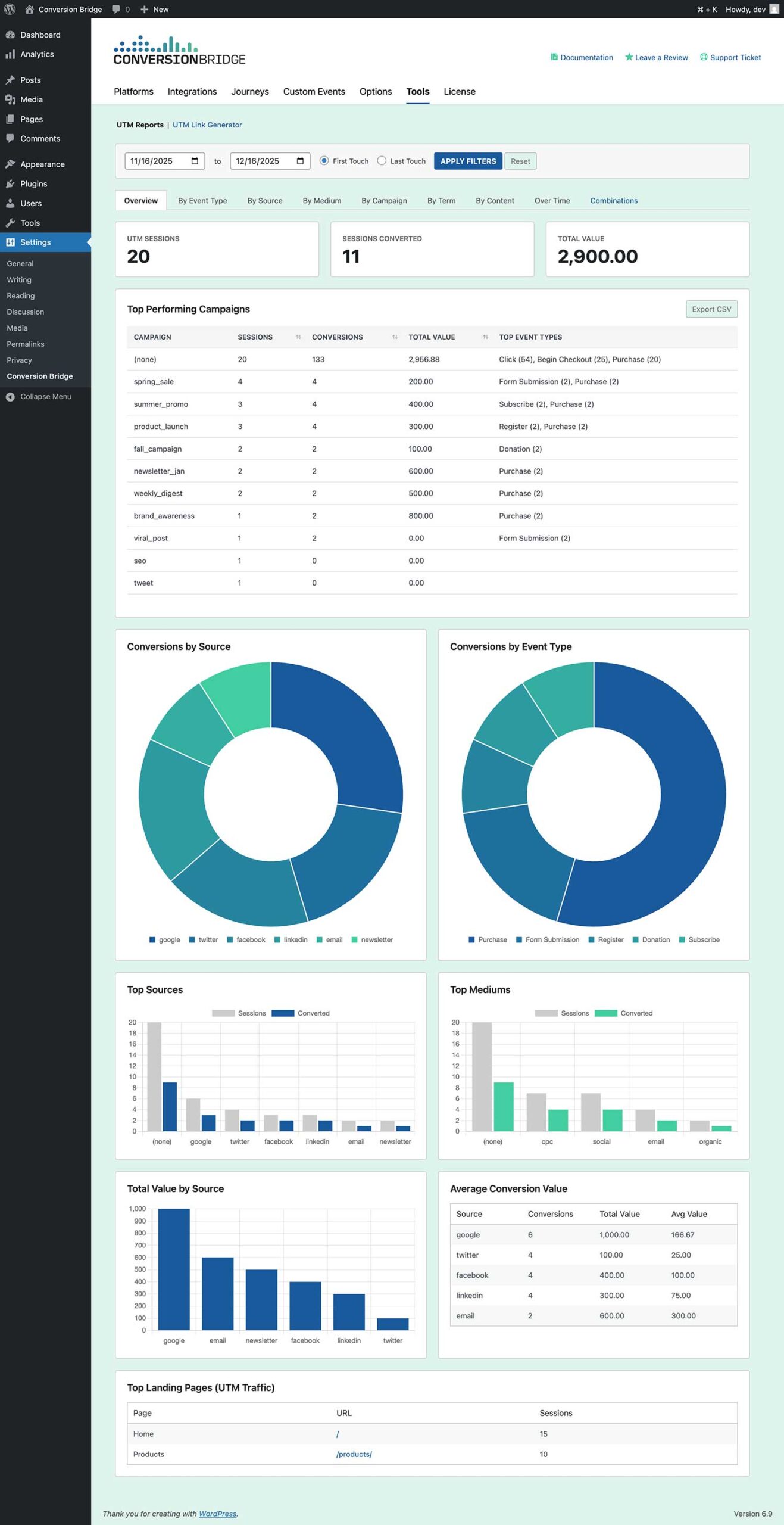 Screenshot of UTM reports tool