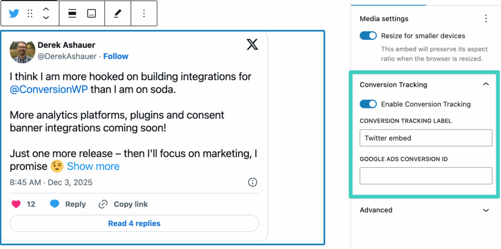 Social Media block with click conversion tracking enabled