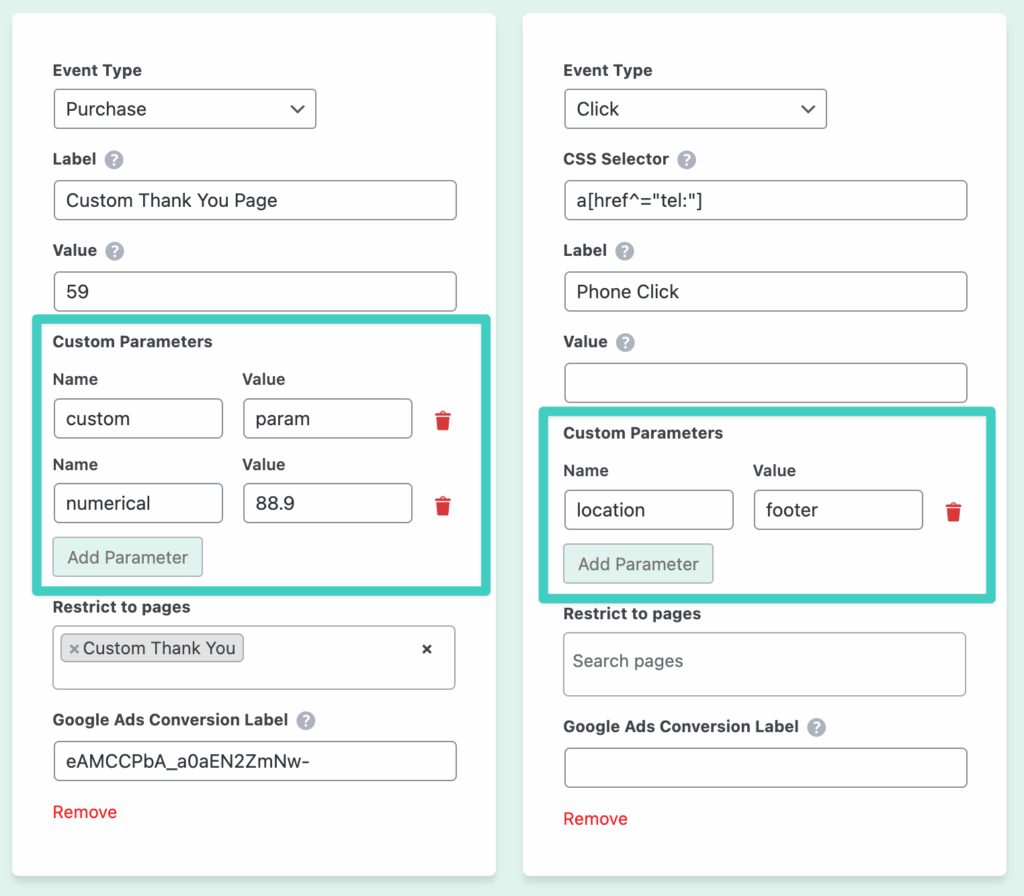 Custom event parameter examples