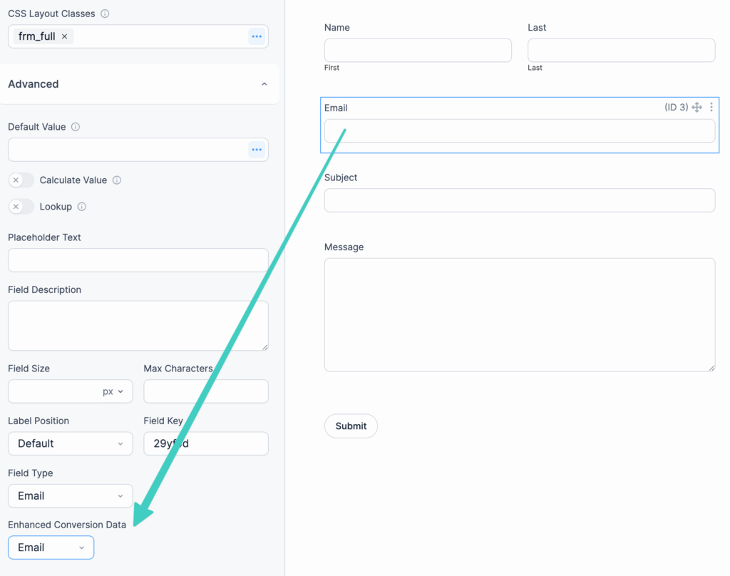Formidable Forms enhanced data settings to send to ad platforms