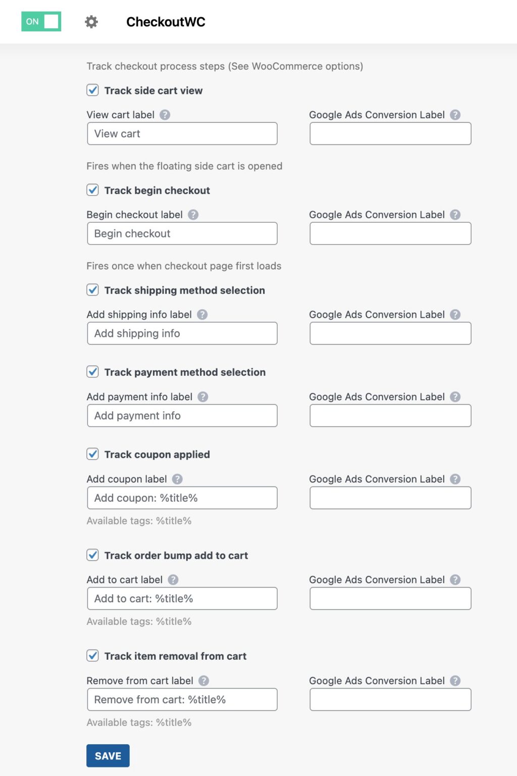 CheckoutWC conversion tracking settings