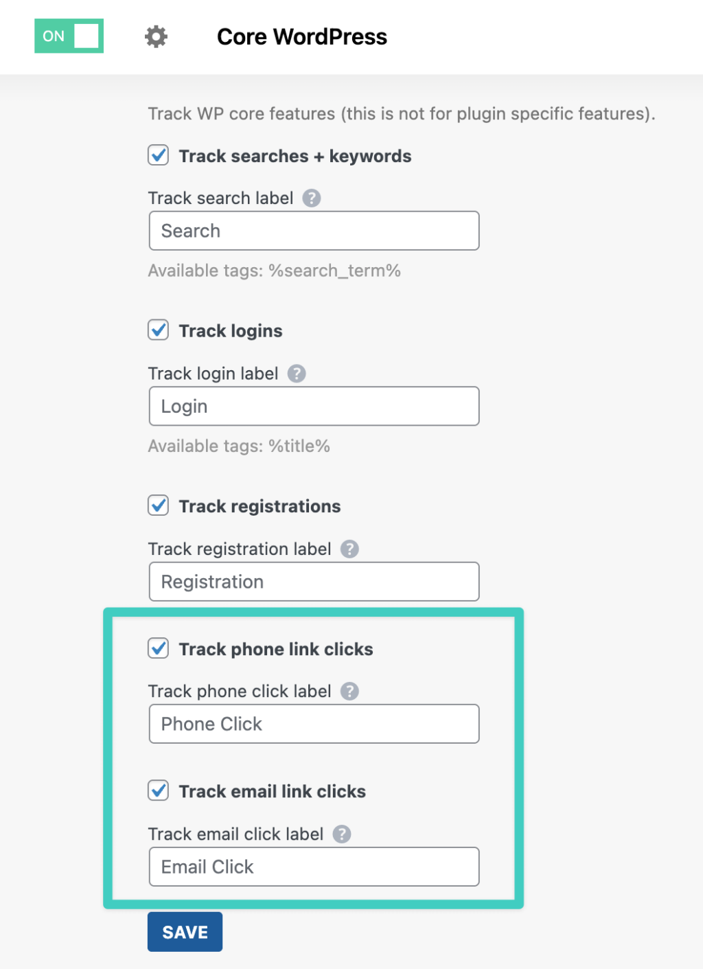 Email and phone click tracking setup settings in Conversion Bridge