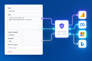 Conversion Bridge 1.14 settings panel with custom tracking scripts and consent categories connected to analytics and ad platforms
