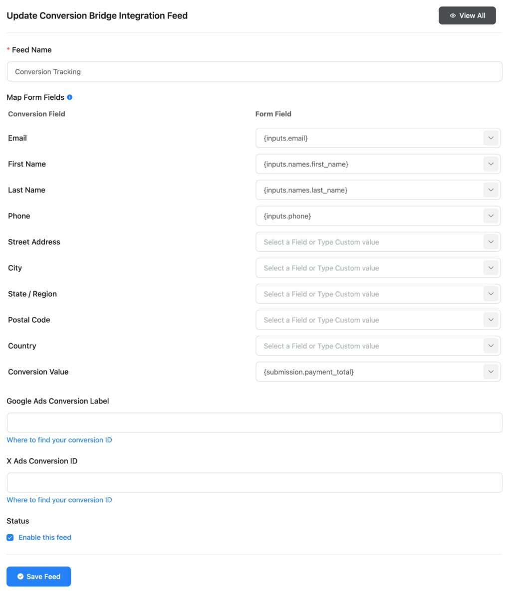 Conversion Bridge integration settings in Fluent Form