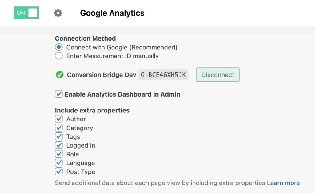 Google Analytics 4 page view properties setup in Conversion Bridge