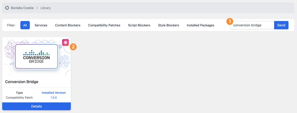 Searching for the Conversion Bridge package in the Borlabs Cookie Library
